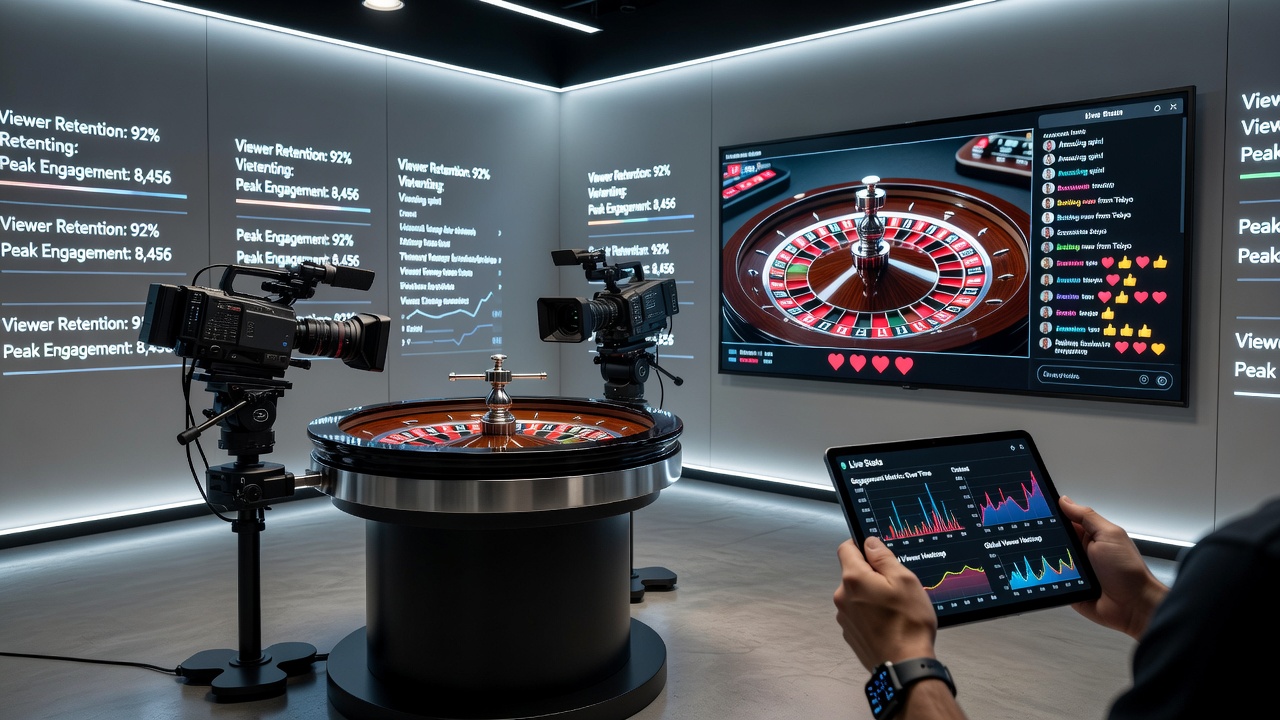 Close-up of a live roulette wheel during a streamed session showing multiple camera feeds and viewer engagement overlays